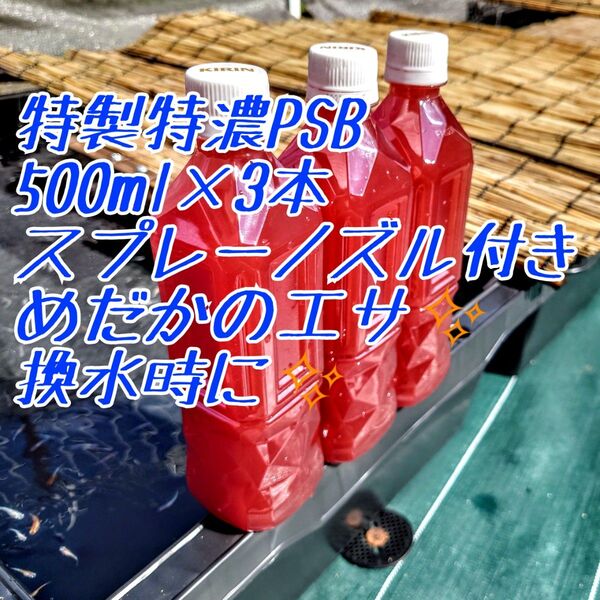 使いやすいスプレー付!特製濃縮PSB 光合成細菌 500ml3本=1.5L 自信があり!メダカ、卵、熱帯魚にも稚魚や針子の餌 卵に