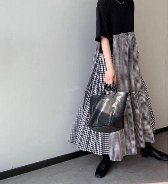 ロングワンピース フレアスカート ギンガムチェック ティアード モード系 ワンピース ロング ブラック チェック 個性 形が可愛い