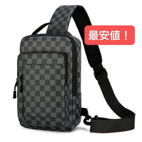黒色 メンズ ボディバッグ ショルダーバッグ チェック 斜め レザー ブラック カジュアルバッグ 斜め掛け 肩掛け カジュアル