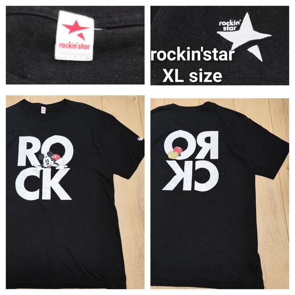 rockin'star XL ROCK プリント Tシャツ BLACK 半袖 ロゴ 黒 古着 半袖Tシャツ ブラック ミッキー