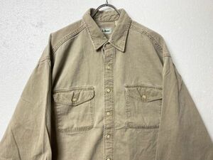 90's USA製 LLビーン L.L.Bean ピケ コットンシャツ 長袖 (L) ダークカーキ系 細畝 アースカラー 90年代 アメリカ製 旧タグ オールド