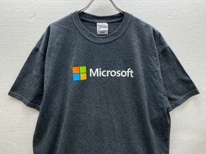 00's マイクロソフト Microsoft ロゴプリント入り クルーネック 半袖Tシャツ 灰 (Ｌ) グレー 企業物 00年代