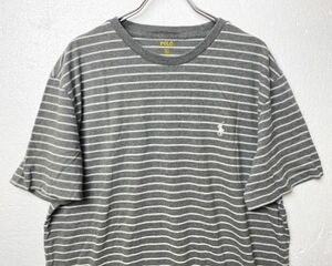 ポロ ラルフローレン クルーネック ボーダー コットン 半袖 Tシャツ (Ｌ) グレー 灰 POLO