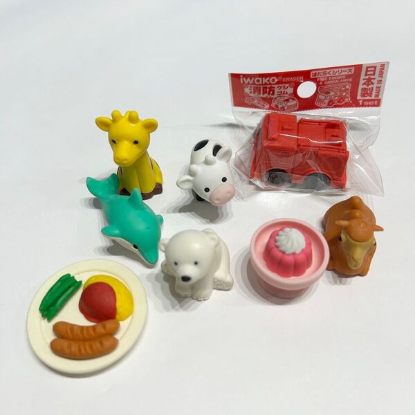 【中古、未使用】おもしろ消しゴム iwako 消防車 動物(キリン、ラクダ、しろくま、ウシ、イルカ)ゼリー、オムライスプレート