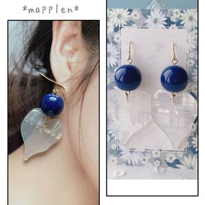 大粒のブルーとホワイトハートの大ぶりピアス*おしゃれで大人可愛いハートピアス*イヤリング*ハンドメイド