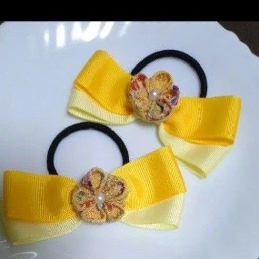 100 ハンドメイド ヘアゴム 2個セット リボン つまみ細工 黄色 和風 キッズ