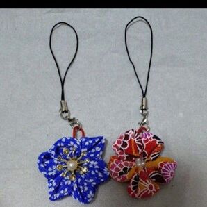 51つまみ細工 ストラップ 2個セット 和風 ハンドメイド 花 オレンジ 青