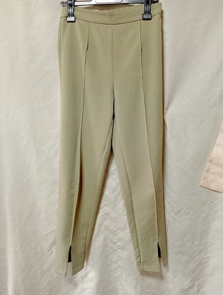 SーМ ストレッチパンツ テーパードパンツ グリーン スラックス センタープレス