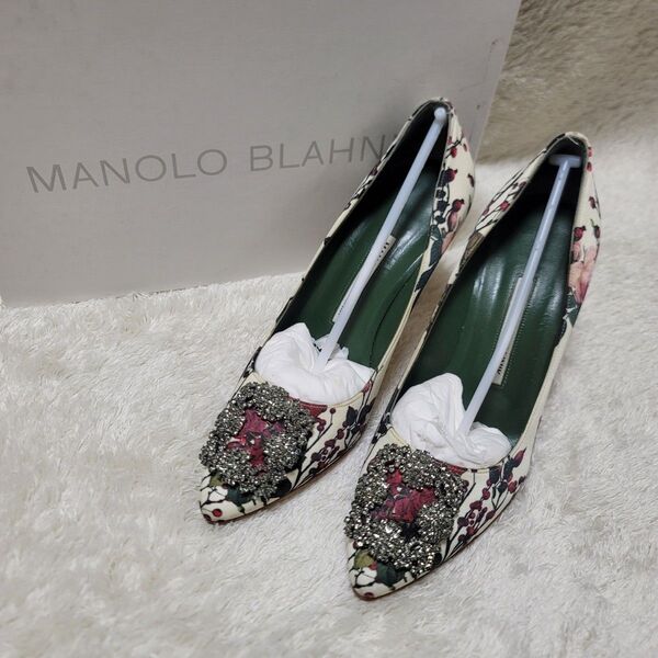 【美品】】MANOLO BLAHNIK マノロブラニク ハンギシ ローズプリントハンギシ ビジュー ハイヒール パンプス 箱付