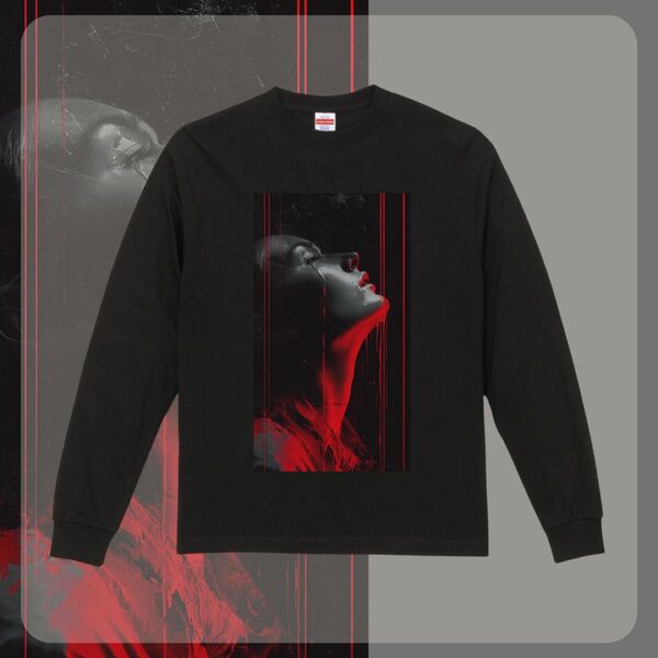 ロングスリーブ Tシャツ 写真プリント ダーク クール ロンT 黒シャツ L