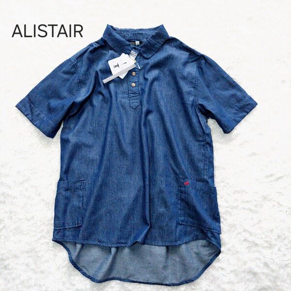 未使用 ALISTAIR アリステア デニムシャツ ポロシャツスタイル 半袖 インディゴ トップス プルオーバー NAVY L