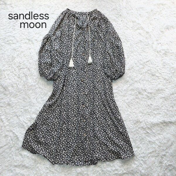 sandless moon 花柄 ロングワンピース フレアワンピース パフスリーブ 総柄 抜け感 F
