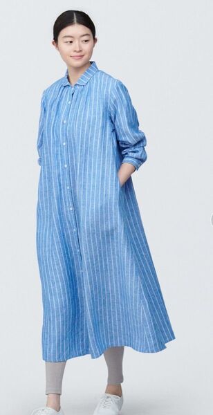 無印良品 リネン 麻 ロングワンピース M ストライプ シャツワンピース