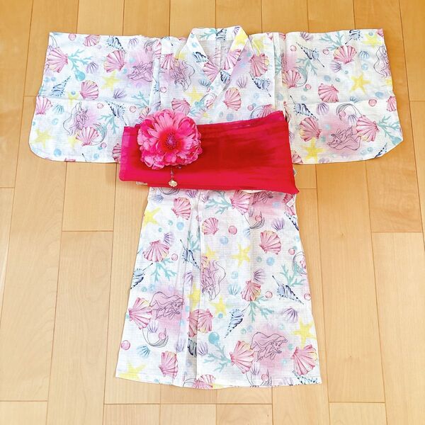 ディズニー アリエル 浴衣 105cm 4点セット 女の子 キッズ 子供 お祭り ピンク