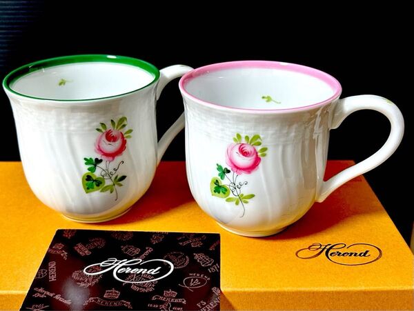 HEREND ヘレンド ウィーンの薔薇 ピンク/グリーン ペアマグカップ ※未使用保管品