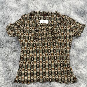 【美品】smart pink スマートピンク 幾何学模様 半袖 シャツ ブラウン シャーリング デザイン Mサイズ相当