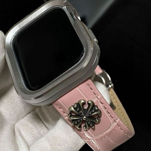 アップルウォッチ アルミニウム ケース レザーベルト ピンクシルバー 49mm 46mm 45mm 44mm ウルトラ