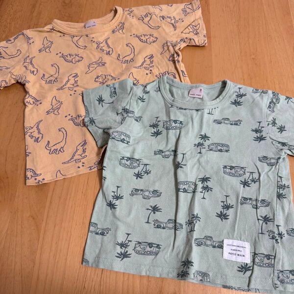 プティマイン 半袖Tシャツ 半袖 男の子 Tシャツ キッズ 恐竜 車 イエロー グリーン 100 90