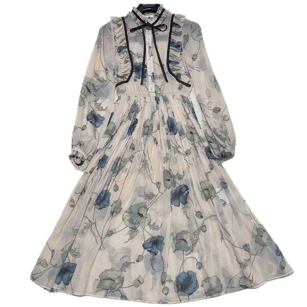 Sov. ポリエステルシフォン orijinalワンピース フラワー 花柄 リボン ロングワンピース 長袖 ベージュ
