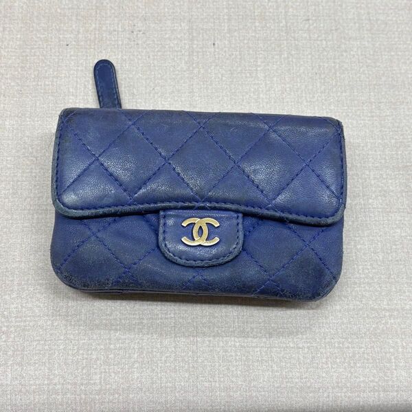CHANEL シャネル マトラッセ 財布 ラムスキン ココマーク レザー カードケース コインケース ブルー シリアルシールあり