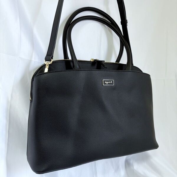 美品 agnes b アニエスベー ハンドバッグ ショルダーバッグ 2way レザー メタル ロゴプレート ブラック