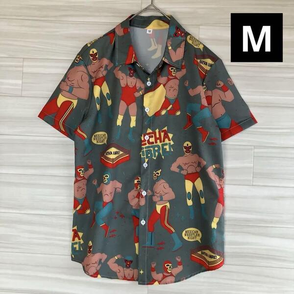 【未使用品】 プロレス マスクマン メキシコ MASKMAN シャツ 覆面レスラー Tシャツ 総柄 派手 目立つ アロハシャツ M 開襟