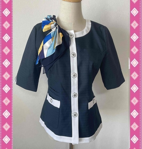 ※Cランク※【中古】IWATAYA_13号オーバーブラウス(リボン付)/岩田屋/紺色/かわいいOL会社制服/おしゃれ事務服