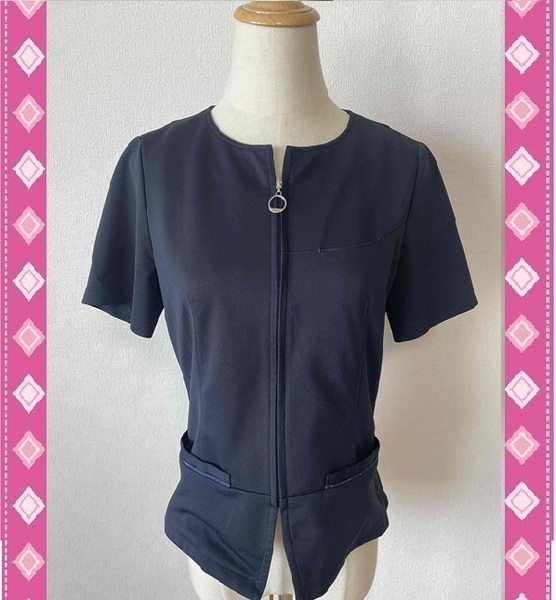 ※Bランク※【中古】PATRICKCOX 11号_オーバーブラウス/50711/ネイビー/半袖シャツ/かわいいOL会社制服/おしゃれ事務服