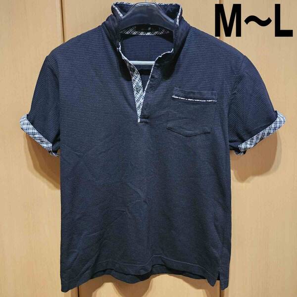 ポロシャツ 襟袖チェック柄 黒 M~L
