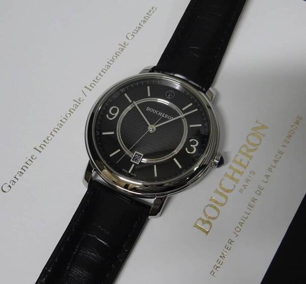2025年2月購入 美品 BOUCHERON ブシュロン エピュール WA021204 自動巻 黒文字盤 メンズ 国際保証書あり 本物
