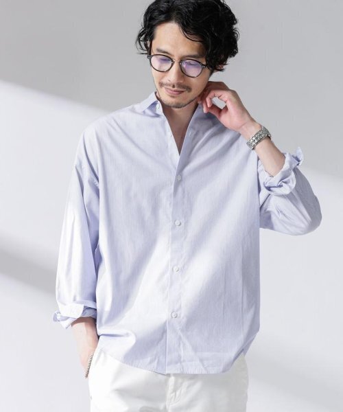 ■NANO universe 大人のワイドシャツ シャンブレーレギュラー ブルー×ストライプ柄 XL■ビジネス