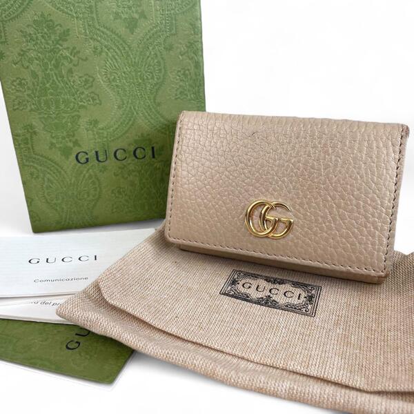 GUCCI 三つ折り財布 GGマーモント レザー 箱付き 保存袋 ベージュ系 グッチ 三つ折り財布 コンパクトウォレット 735212