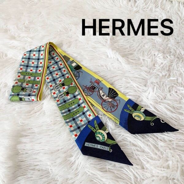 HERMES エルメス 馬車の変遷 Les Voitures Nouvelles ツイリー シルク100 リボンスカーフ マルチカラー バッグアクセサリー ヘアアクセ