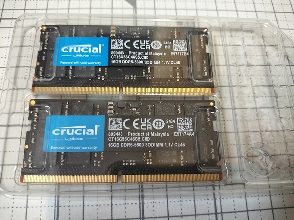 32GB (16GB x2) Micron製 Crucial SODIMM CL46 1.1V DDR5-5600 RAM 5600MHz コンピューター メモリ