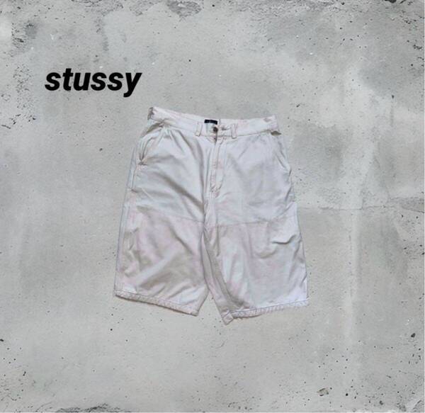 90s old stussy ステューシー 紺タグ ショートパンツ 短パン ホワイト W32 ヴィンテージ ショーツ Lサイズ 古着