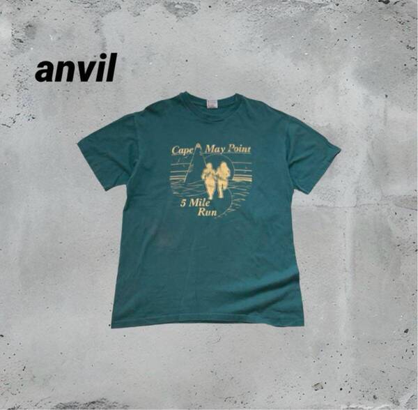 90s anvil アンビル ダークグリーン 半袖Tシャツ Lサイズ シングルステッチ クルーネック ヴィンテージ 古着 アメカジ ストリート