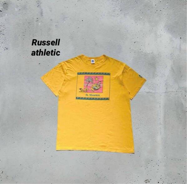 90s Russell athletic ラッセル アスレチック 半袖Tシャツ イエロー シングルステッチ XLサイズ ヴィンテージ アメカジ USA製