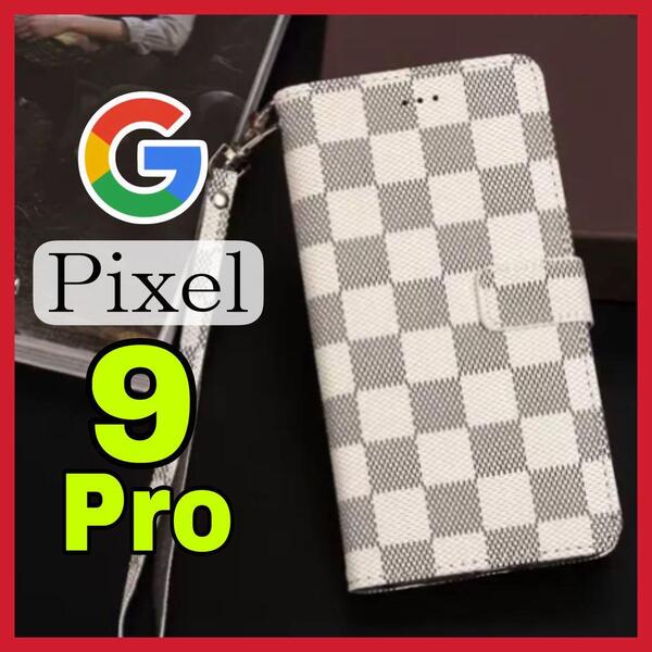 売上No1 Google Pixel 9Proケース 手帳型 白色 チェック柄 PUレザー 高級感 大人気 グーグルピクセル9プロカバー ホワイト 耐衝撃