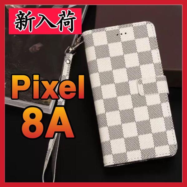 Google Pixel 8aケース 手帳型 白色 チェック柄 PUレザー 高級感 大人気 グーグルピクセル8Aカバー ホワイト 耐衝撃 カード収納