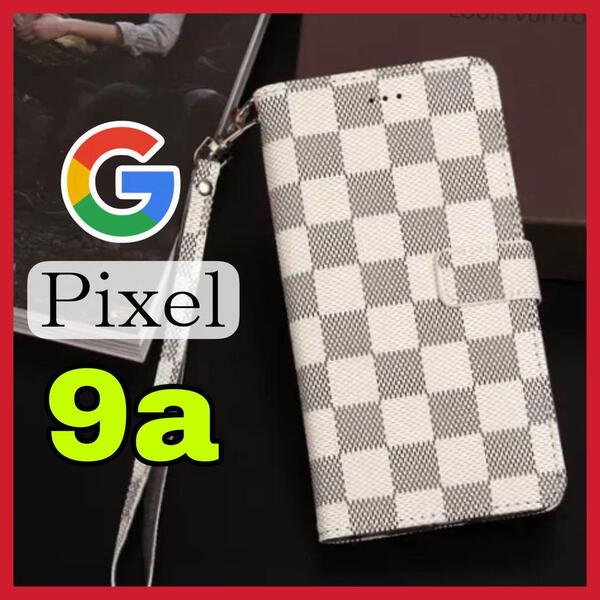Google Pixel 9aケース 手帳型 白色 チェック柄 PUレザー 高級感 大人気 グーグルピクセル9Aカバー ホワイト 耐衝撃 カード収納