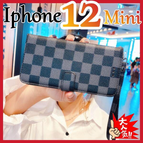 Iphone12Mini ケース 手帳型 黒色 チェック柄 PUレザー 高級感 大人気 アイホン12ミニカバー ブラック