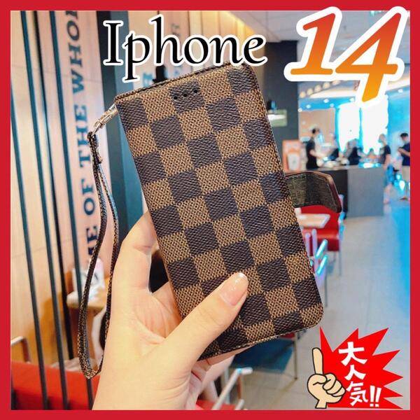 大人気 Iphone 14 ケース手帳型 茶色 チェック柄 PUレザー 高級感 耐衝撃 アイホン14 カバー ブラウン カード収納 おしゃれ