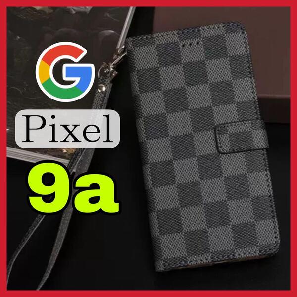 Google Pixel 9aケース手帳型 黒色 チェック柄 PUレザー 高級感 大人気 グーグルピクセル9Aカバー ブラック 耐衝撃 カード収納