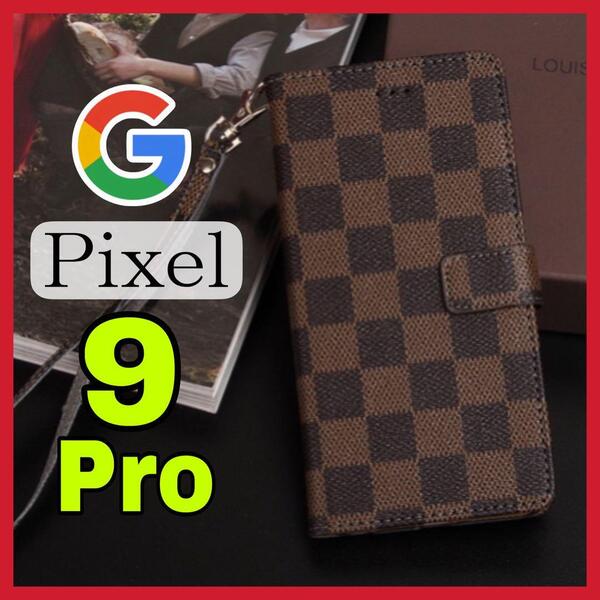 売上No1 Google Pixel 9Proケース 手帳型 茶色 チェック柄 PUレザー 高級感 大人気 グーグルピクセル9プロカバー ブラウン 耐衝撃