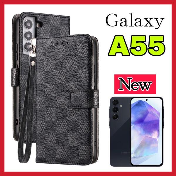 大人気 Galaxy A55 ケース手帳型 黒色 チェック柄 PUレザー 高級感 耐衝撃 サムスンギャラクシー A55 カバー ブラック