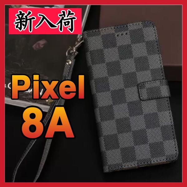 Google Pixel 8aケース手帳型 黒色 チェック柄 PUレザー 高級感 大人気 グーグルピクセル8Aカバー ブラック 耐衝撃 カード収納