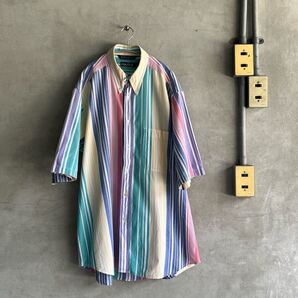 90s 90年代 ビンテージ ノーティカ ランダム ストライプ クレイジーパターン BD ボタンダウン 半袖 シャツ XL コットン OLD 旧 タグ 古着