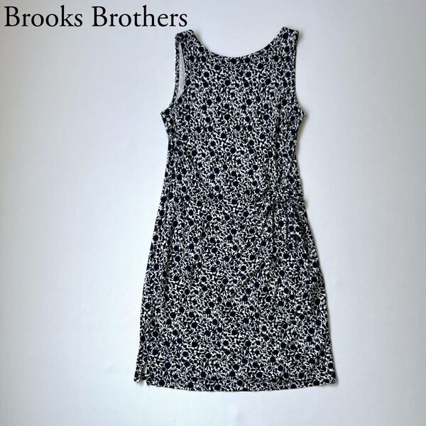 美品 Brooks Brothers ブルックスブラザーズ 膝丈ワンピース サマーワンピース ノースリーブ 花柄 総柄 ネイビー S