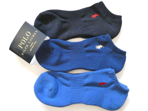 POLO ラルフローレン新品!3足セット マーク刺繍アンクルソックス 25-27cm青紺濃紺 送料無料RALPHLAUREN靴下ハーフパイル