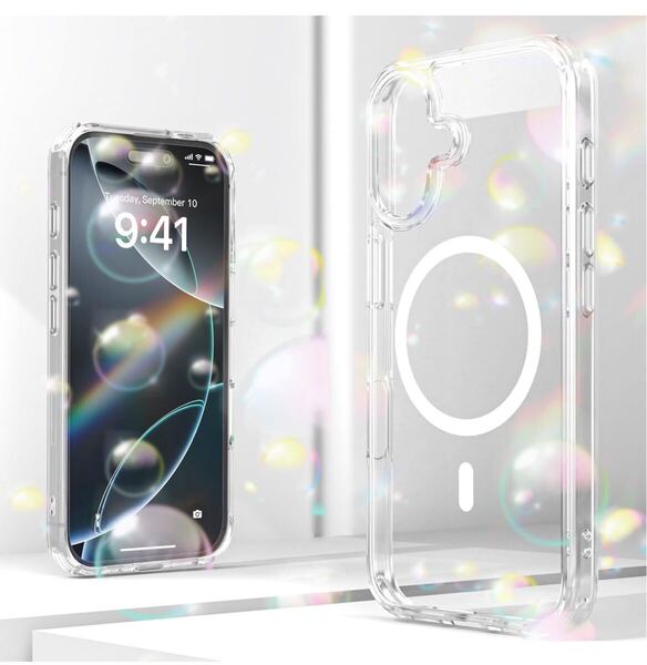 iPhone 16 ケース クリア マグネット搭載 MagSafe対応 ワイヤレス充電 ストラップホール付き 耐衝撃カバー レンズ保護 透明 耐久性